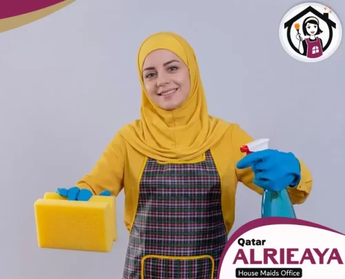 Healthcare recruitment agency in Doha for nurses and technicians 051898847 Professional cleaner equipped with sponge and spray for daily housekeeping duties.